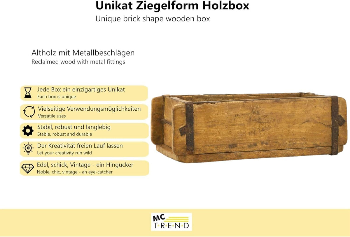 MC-Trend 10 stuks baksteenvorm van hout, rustieke houten kist om te beplanten, bloembak van oud hout, baksteenvorm met metalen beslag, elk stuk uniek, houten baksteenvorm