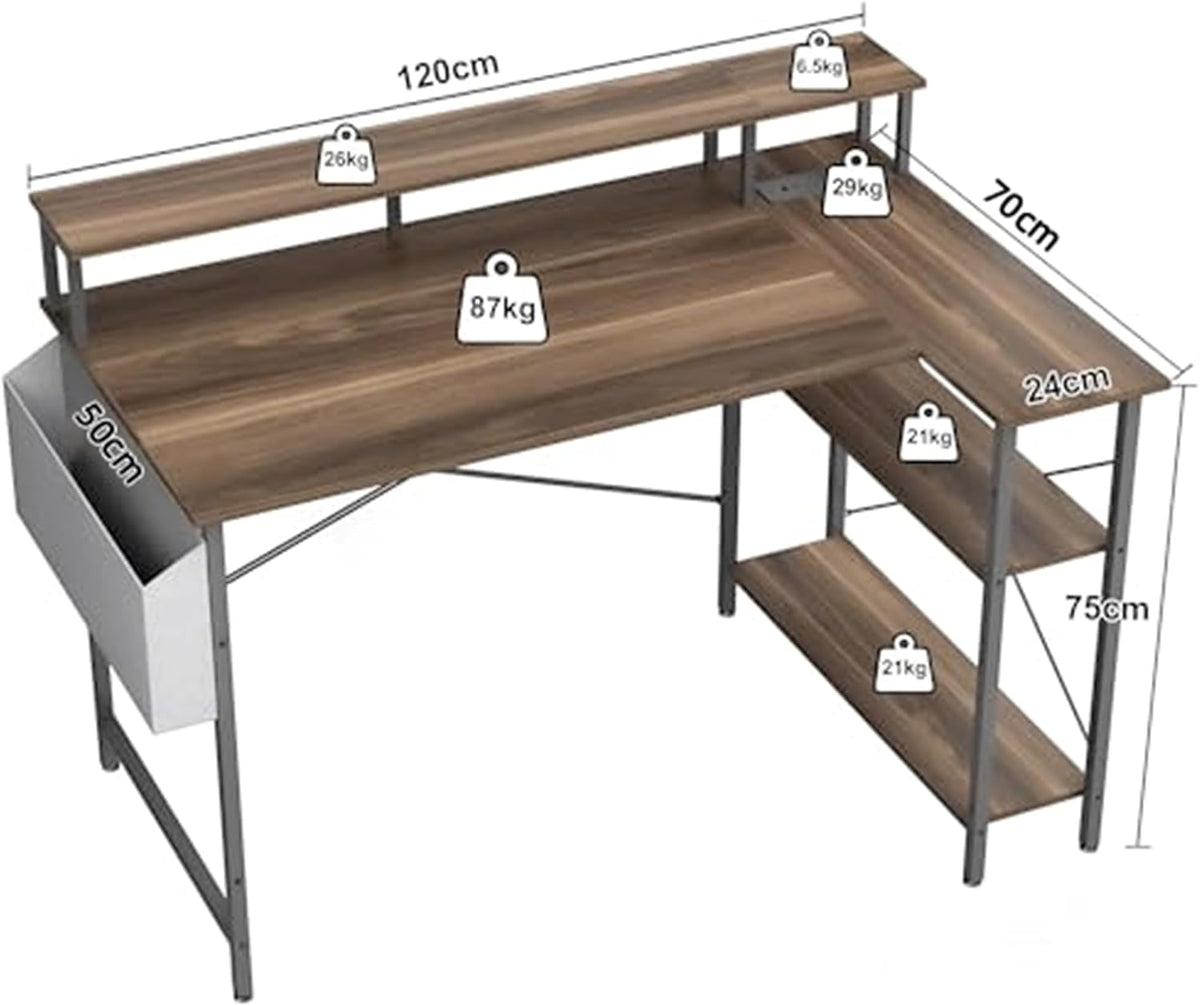 BEXEVUE L-vormig Hoekbureau Stopcontacten LED - 120x70 cm Hoekcomputerbureau Schrijftafel, Omkeerbare Grote Opbergplanken, Boekenplank Werkstation voor Studie Speel Werk Slaapkamer Thuis Kantoor