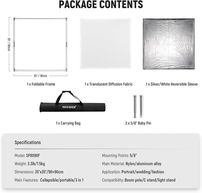 Lichtdiffusiepaneel – Diffusiescherm – Scrim – Diffuser – Lichtdoek – Zilver/Wit Omkeerbaar – 90 x 90 cm – Opvouwbaar Frame