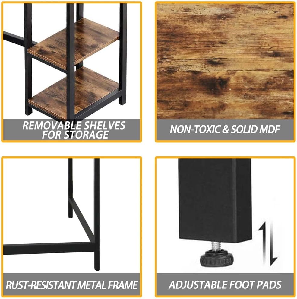 BAKAJI L-vormig hoekbureau met boekenkast met 2 planken, werktafel voor pc, frame van zwart metaal en tafelblad van hout in antieke look, kantoorinrichting, industriële stijl