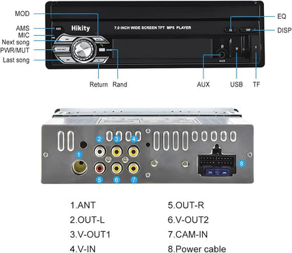 Hikity 1 Din Apple Carplay autoradio met uitschuifbaar scherm, Android autoradio met 7 inch touchscreen, radio met Bluetooth handsfree, FM USB/AUX+achteruitrijcamera
