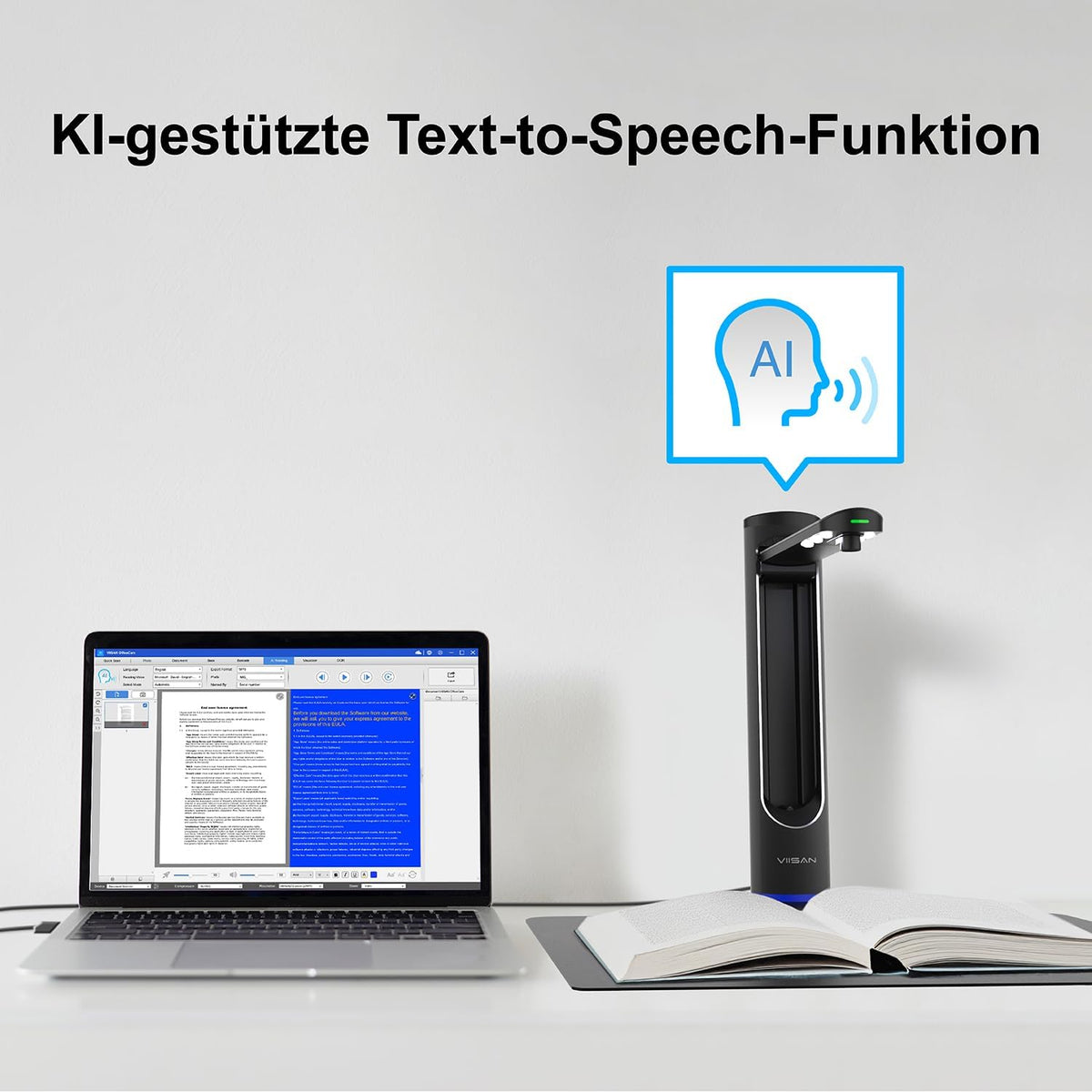 VIISAN K48 A3 Overhead boekscanner – 48 MP sensor, 600 dpi, automatische zijkromming gladmaken, laserpositionering, 4K video, OCR & Text-to-Speech, USB 3.0 documentenscanner voor Windows en macOS