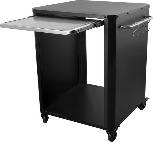 Cozze® | Outdoor table with extendable chopping board | For pizza ovens up to 60 cm | Side handles with 6 stainless steel hooks | Rubber castors Ø75 mm | Gas cylinder space | Black powder-coated - QUORE