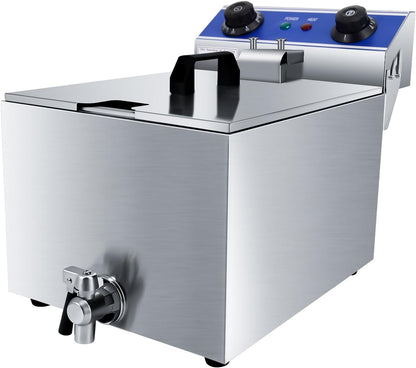TAIMIKO Elektrische Friteuse, roestvrij staal, thermostaat 60 – 200 °C, frituermand en deksel, afneembaar bak (6L, met timer)