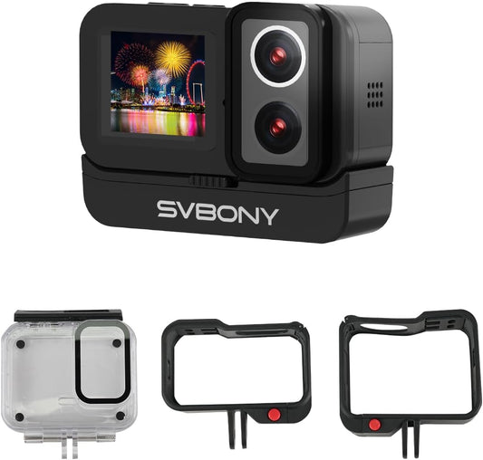SVBONY SVGo Actiecamera 4K 30fps, Waterdicht IPX8 tot 30M, Sportcamera met Dubbel IPS-scherm, F2.0/F1.4 Duale Lens, 145° Groothoek, 6-assige Stabilisatie voor Sport, Fietsen, Selfies, Vloggen