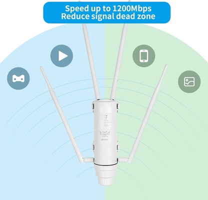 FLASHOWL Wifi-repeater voor buiten, 1200 Mbps waterdichte reikwijdte, signaalversterker en tuinrouter