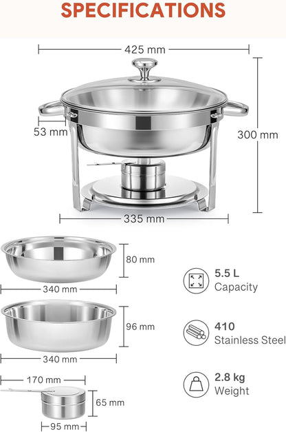 Wilprep Chafing dish rond met glazen deksel, Buffet set van 4, RVS voedselwarmer kit 5,5 liter, Bain Marie met brandpasta houder, voor partijen buffetten banketten diners