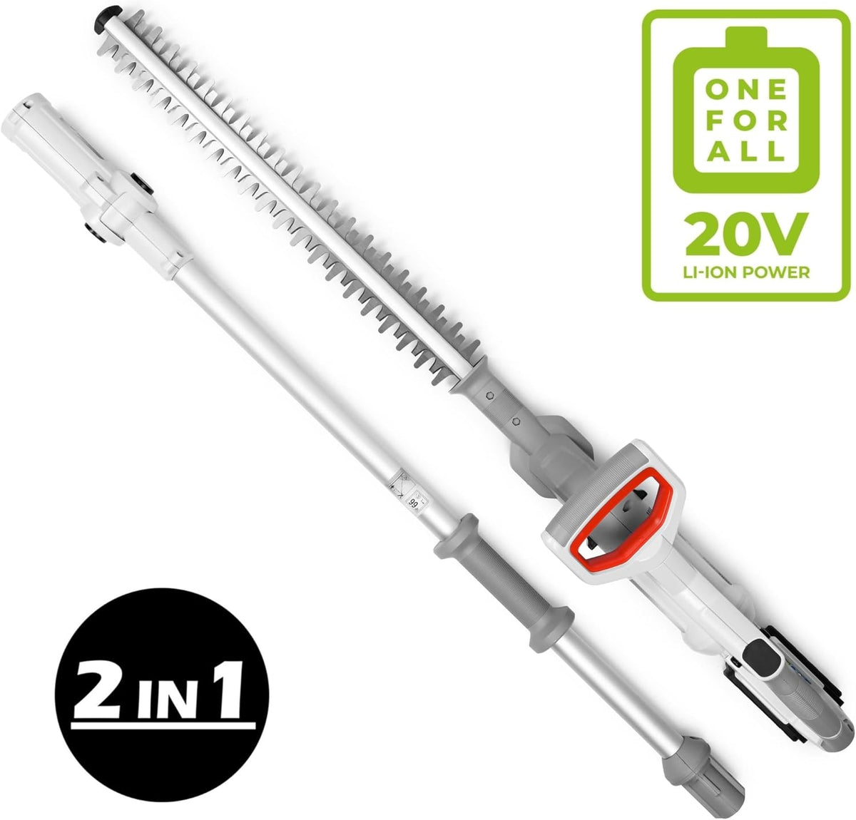IKRA 2in1 heggenschaar zonder kabel ICPH 2050 met telescoopsteel voor hoge heggen, incl. 2x 20V accu, snellaadstation & schouderriem