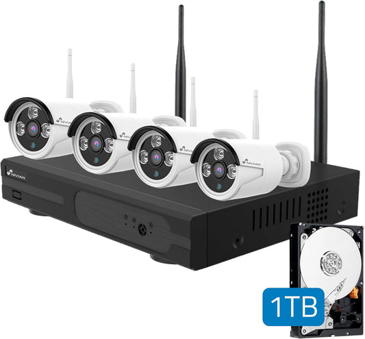 Nivian Draadloze bewakingscameraset, 2K, met 10-kanaals recorder en 4 waterdichte buitencamera's, IP66, nachtzicht, bewegingsdetectie, eenvoudige installatie zonder kabel, meldingen in de app