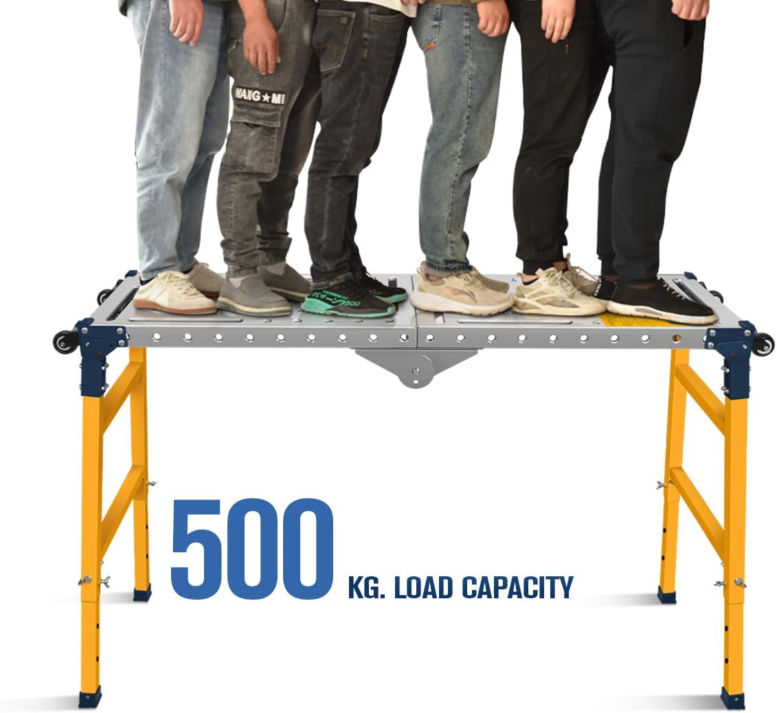 Veelzijdig draagbaar stalen werkplatform en lastafel met wielen | 36 x 140 cm gegalvaniseerd tafelblad | 500 kg draagvermogen | Verstelbare hoogte