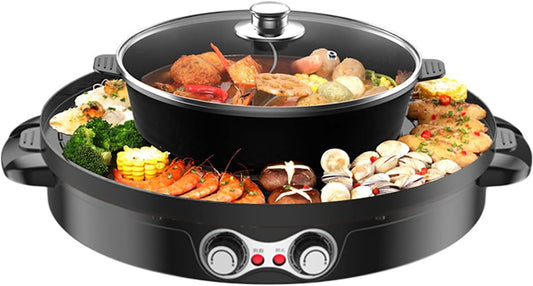 2-In-1 Elektrische Hot Pot – Elektrische Fondueset – Elektrische Grillpan – Elektrische Bakplaat – Elektrische Stoofpan – 2200 Watt Vermogen – Grote Dubbele Kookoppervlakte 29/44 cm