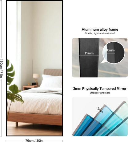 Full-Body Spiegel – Staande Spiegel – Wandspiegel – Grote Spiegel – Zwarte Spiegel – Extra Groot 180x76 cm – Robuust Aluminium Frame