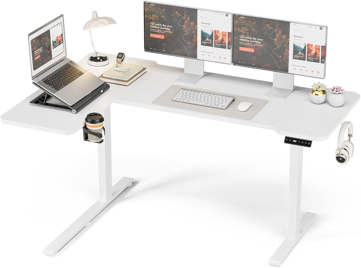 Elektrisch in Hoogte Verstelbaar Bureau, 150 x 100 CM Verstelbare Tafel met Bekerhouder en Haak, Wit