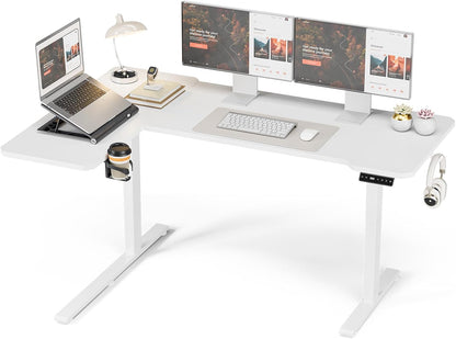 Elektrisch in Hoogte Verstelbaar Bureau, 150 x 100 CM Verstelbare Tafel met Bekerhouder en Haak, Wit