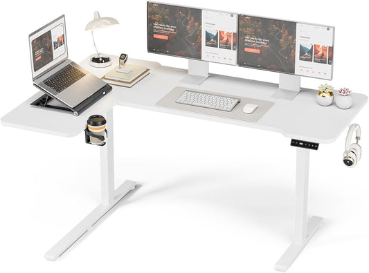 Elektrisch in Hoogte Verstelbaar Bureau, 150 x 100 CM Verstelbare Tafel met Bekerhouder en Haak, Wit