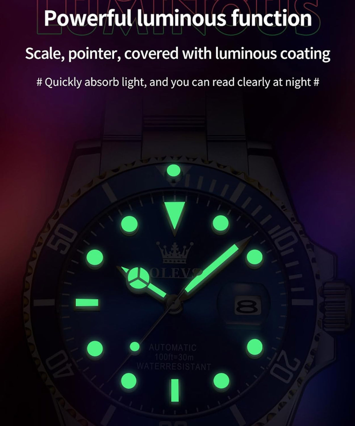 OLEVS Heren Horloge Grote Gezicht Datum Waterdicht Mechanisch Horloge Rvs Night Glow Luxe Volautomatische Mechanische Horloge