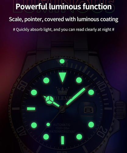 OLEVS Heren Horloge Grote Gezicht Datum Waterdicht Mechanisch Horloge Rvs Night Glow Luxe Volautomatische Mechanische Horloge