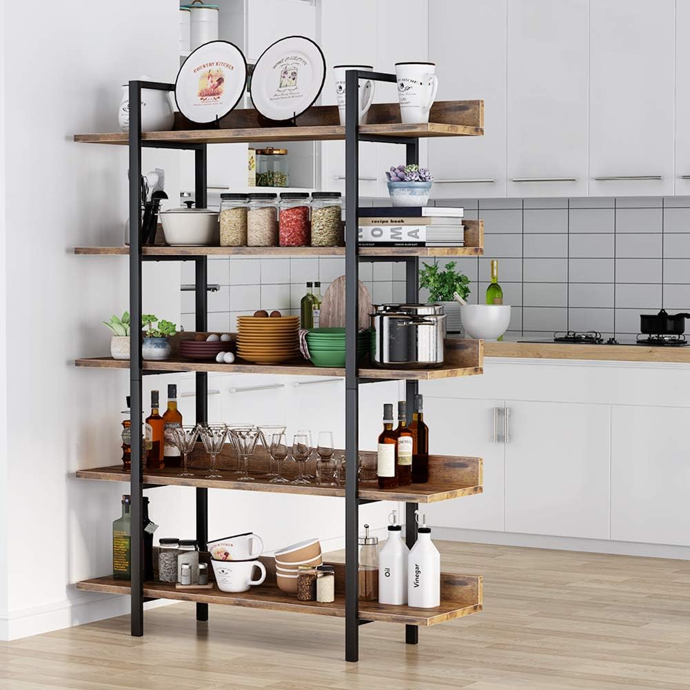 Tribesigns 5 Tier Bookshelf, Industrial Standing Shelf, Ladder Shelf, Steel Frame Storage Rack Bookcase, Easy Assembly, Rustic Brown