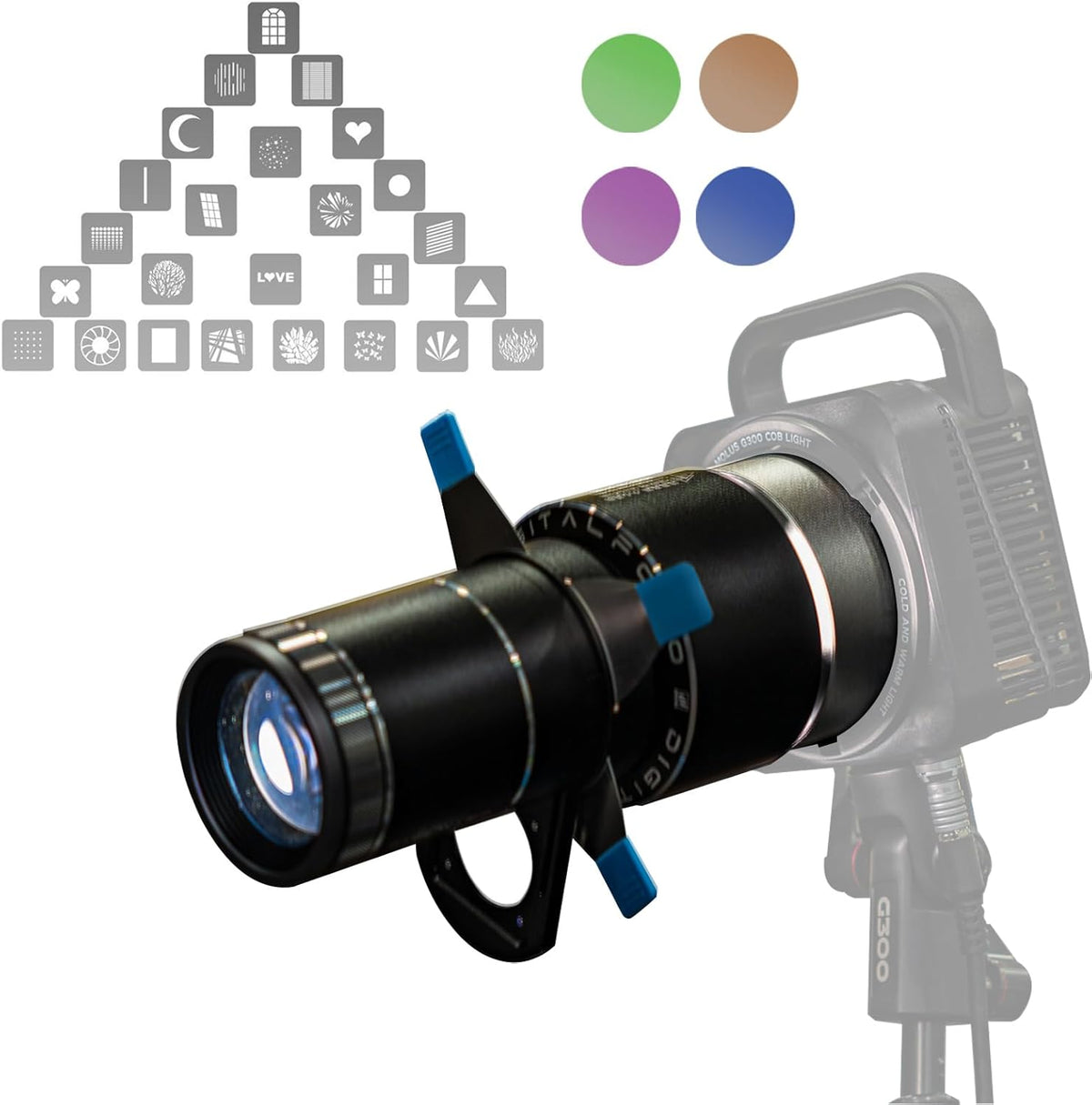 Bowens Mount Snoot DF DIGITALFOTO, Optische Snoot voor Monolight Portretten met Framing Shutter, Compatibel met Aputure Amaran 60D/XS/100X/D 200D/X, Godox SL60, 25 Gobo's