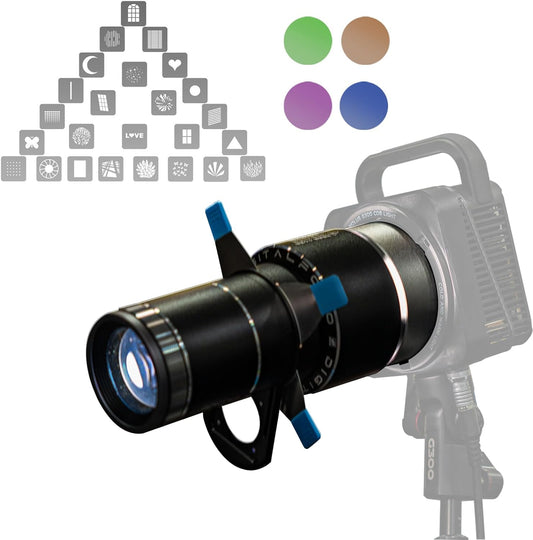 Bowens Mount Snoot DF DIGITALFOTO, Optische Snoot voor Monolight Portretten met Framing Shutter, Compatibel met Aputure Amaran 60D/XS/100X/D 200D/X, Godox SL60, 25 Gobo's