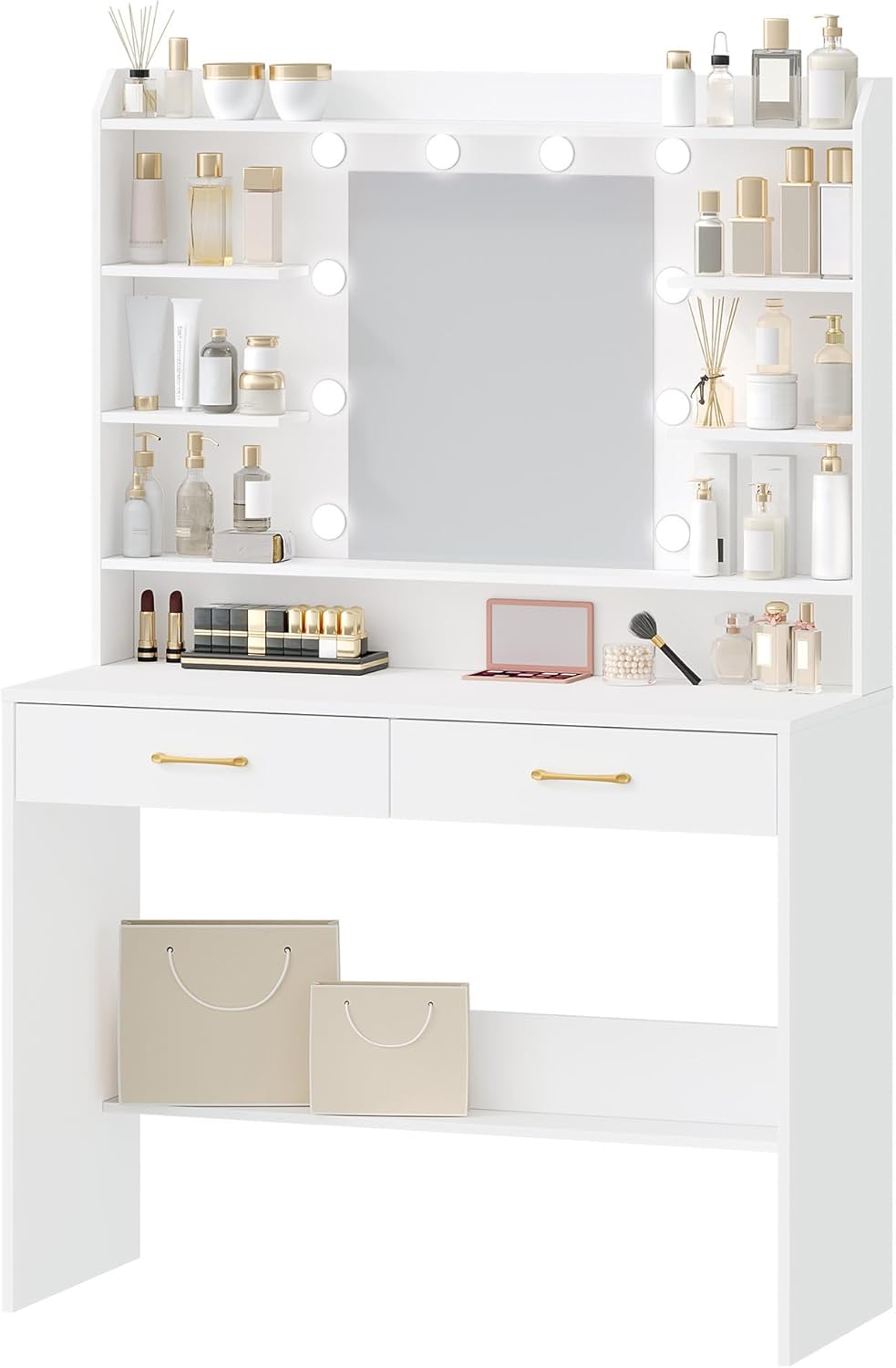 Hzuaneri Dressing Table with Mirror and LED Lighting, Adjustable Brightness, Dressing Table with Shelves and 2 Drawers, for Bedroom, Living Room, 40 X 100 X 149 cm, WhiteDT38703X