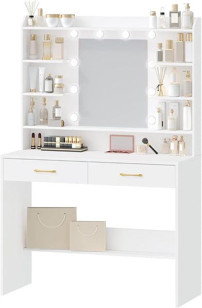 Hzuaneri Dressing Table with Mirror and LED Lighting, Adjustable Brightness, Dressing Table with Shelves and 2 Drawers, for Bedroom, Living Room, 40 X 100 X 149 cm, WhiteDT38703X