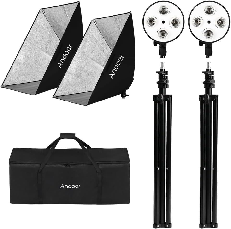 Softbox LED-set – Fotostudioset – Studioverlichting – Fotografielicht – Lichtset – 2 X Softbox 50 X 70 Cm – 2 M Metalen Statieven Met 4-In-1 E27 Lamphouders