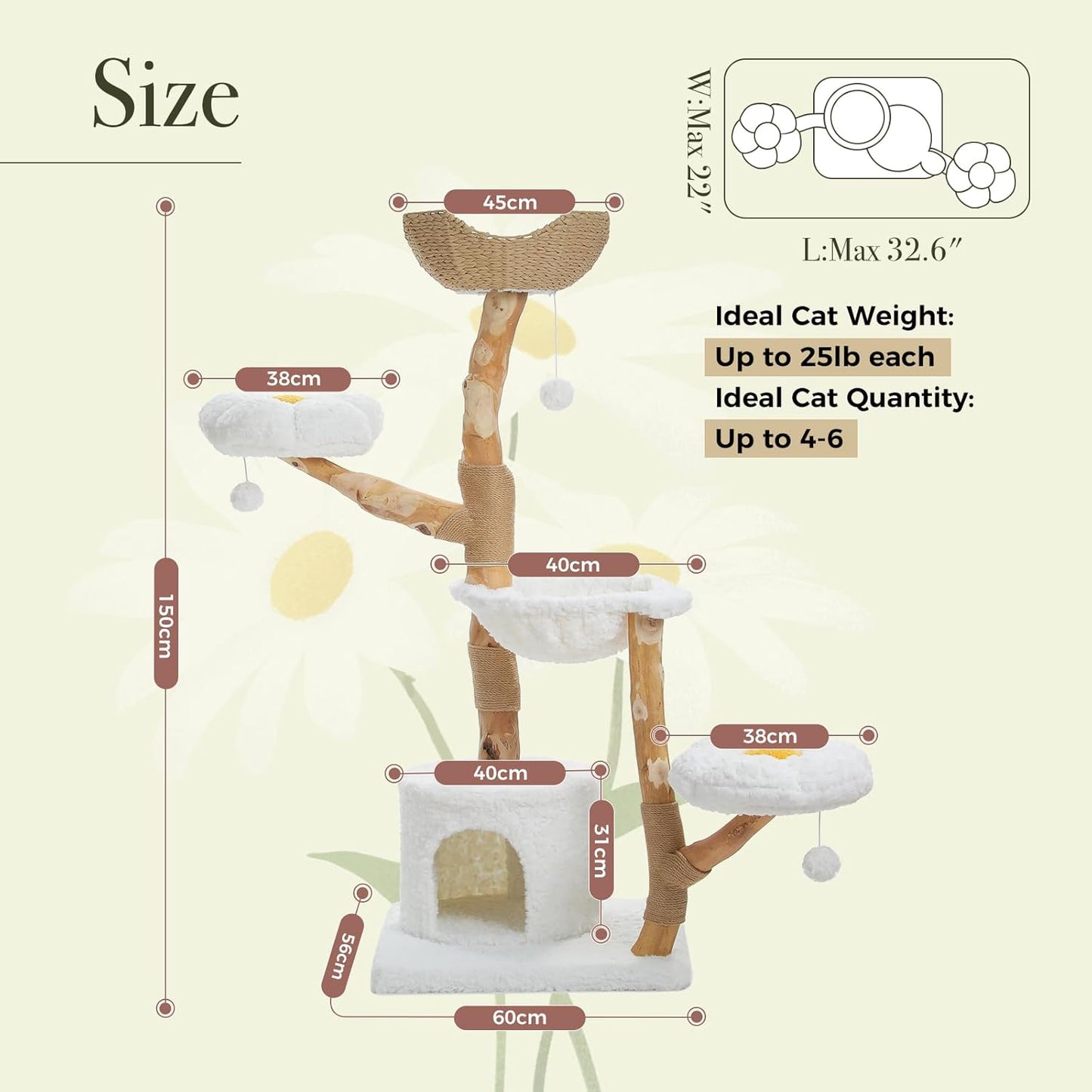 Krabpaal – Kattenboom – Kattenhuis – Kattenmand – Kattenmeubel – 150 cm Hoog – Massief Natuurlijk Hout