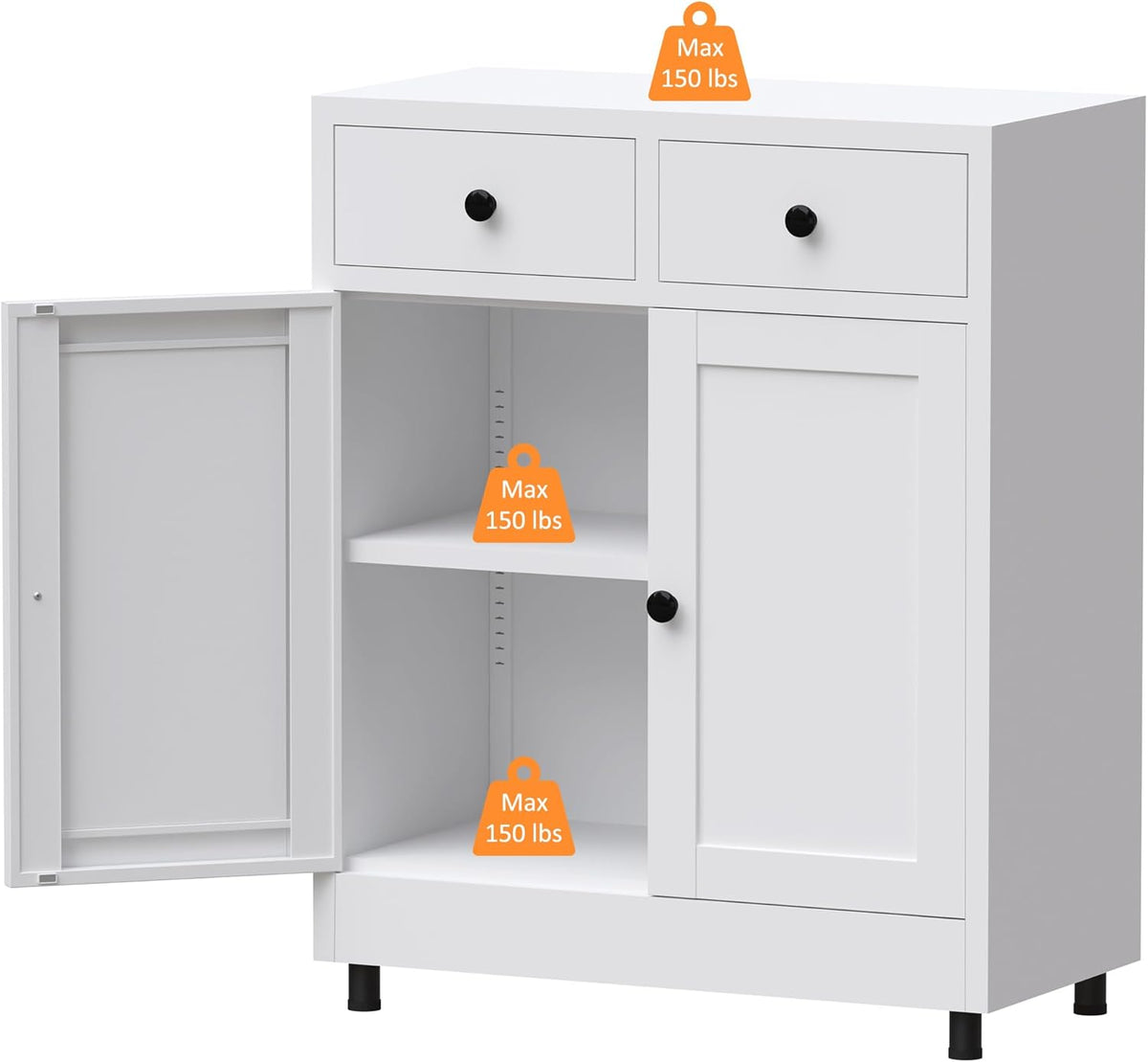 Metalen opbergkast met 2 laden en verstelbare plank, dressoir buffetkast voor thuis, kantoor, hal, entree, woonkamer, keuken bijkeuken en eetkamer (wit) - QUORE
