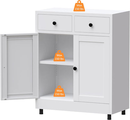 Metalen opbergkast met 2 laden en verstelbare plank, dressoir buffetkast voor thuis, kantoor, hal, entree, woonkamer, keuken bijkeuken en eetkamer (wit) - QUORE