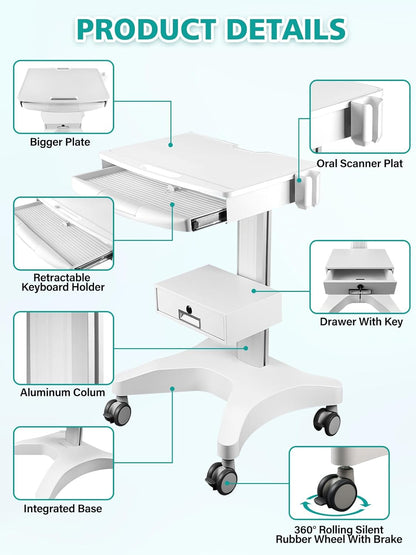 Kalolary Medische gereedschapswagen, mobiele laptop-werkplek met laptopplank, scannerhouder en afsluitbare lade, rolwagen voor ziekenhuis, tandartspraktijk en laboratorium