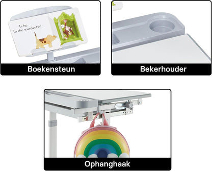 kinderbureau meegroeiend kantelbaar hoogteverstelbaar met stoel lade boekenrek
