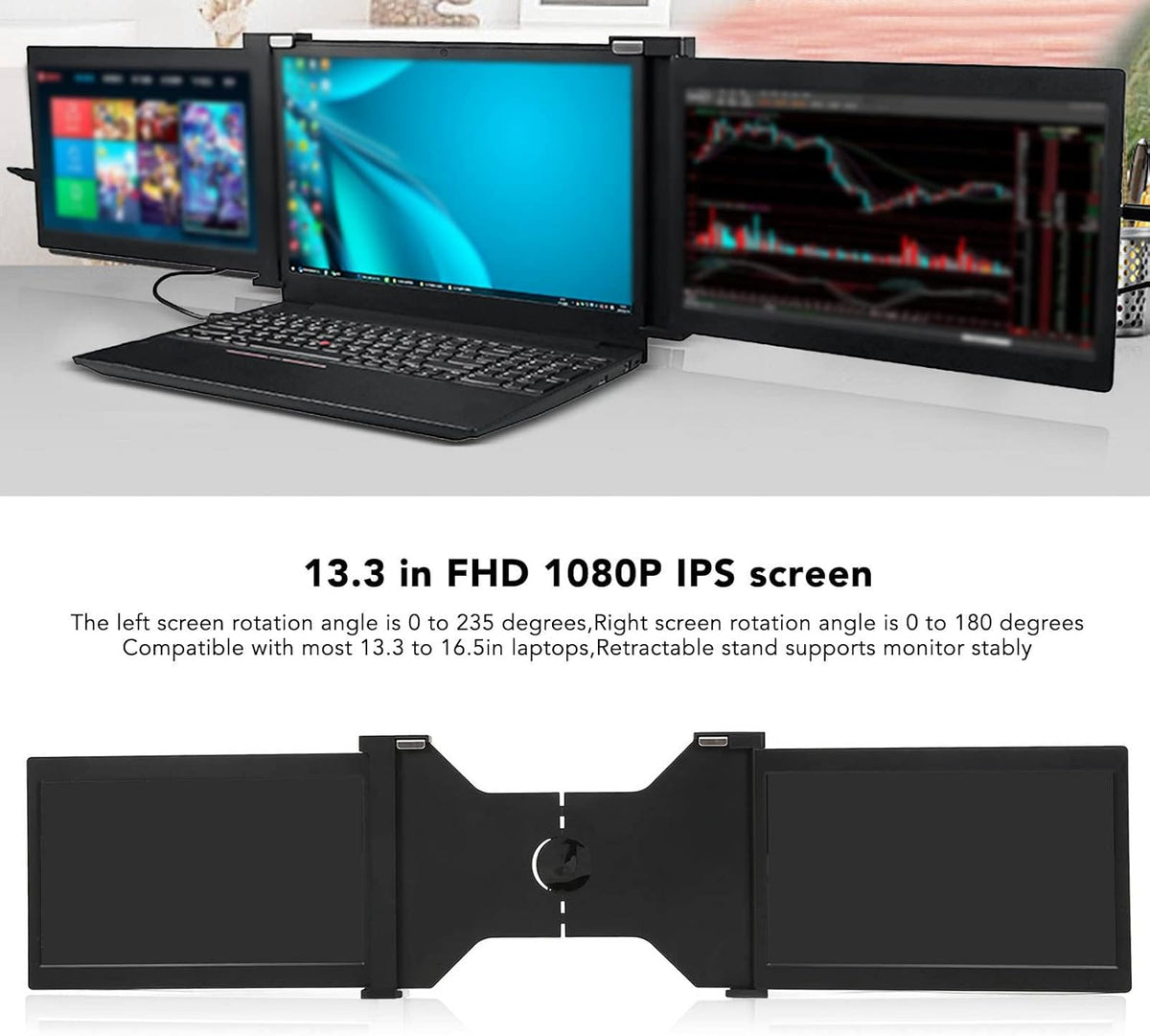 Triple Portable Monitor for Laptop, 13.3 Inch FHD 1080P IPS Laptop Screen Extender, External Dual Monitor for 13.3 To 16.5 Inch Laptop, Compatible with PC, Mobile, PS3/4(Black) - QUORE