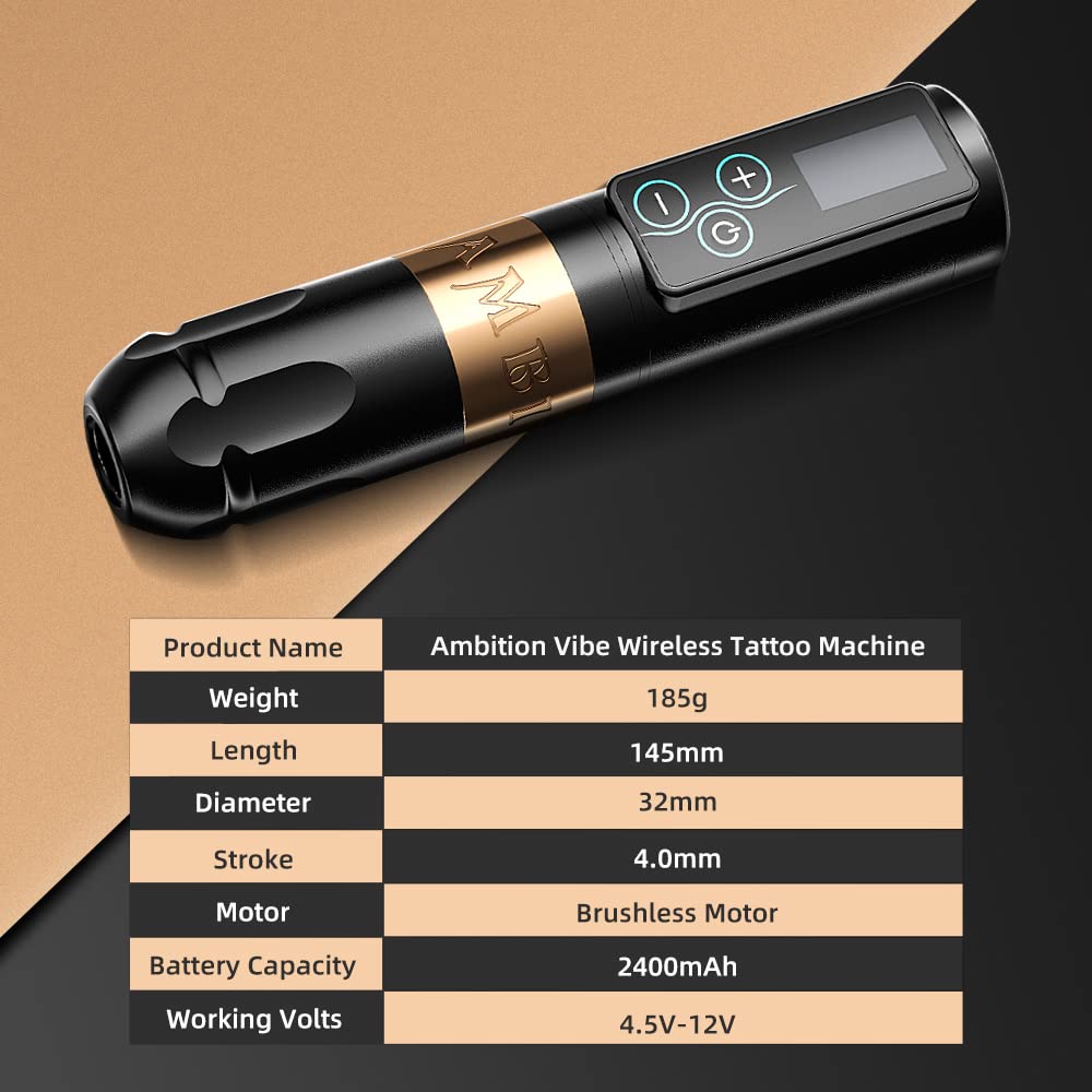 Vibe - Tattoo Machine - Tattoo pen - Tattoo Set - Complete set voor beginners & gevorderden - Tattoo Machine Pen - 10000RPM - 12V - 2400mAh - Gouden - QUORE