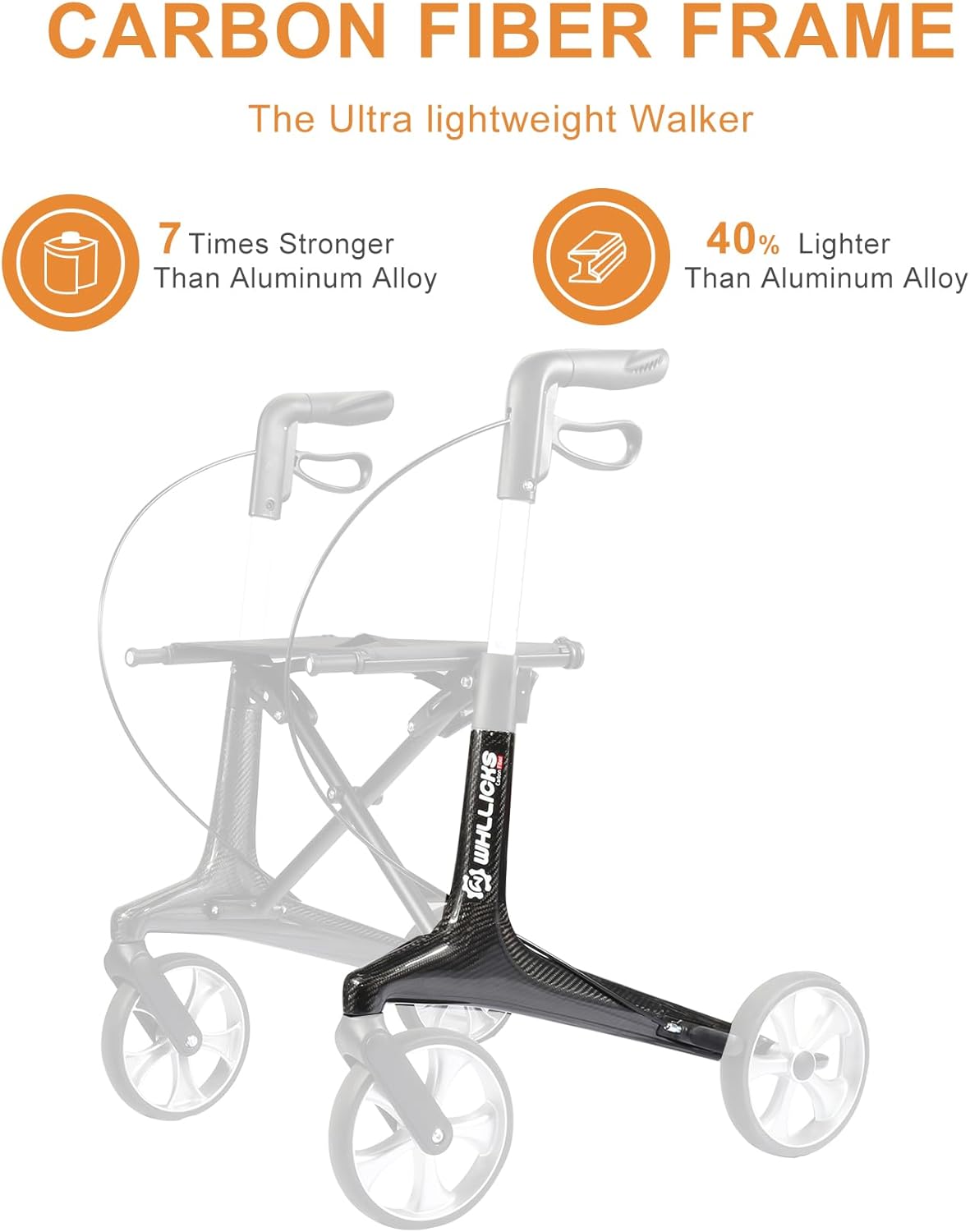 Carbon rollator, opvouwbaar en licht, met zitting, smalle rollator voor woning, opvouwbare rollatoren voor ouderen met een gewicht van 6 kg, handgreep, verstelbare hoogte 78-98 cm (Zwart)