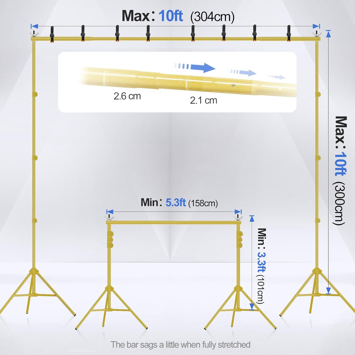 EMART Achtergrondstandaard 305 x 305 cm (B x H) verstelbare achtergrondstandaardset, 2 dwarsbalken, 8 klemmen, 2 zandzakken, draagtas voor feesten, decoratie, bruiloften en fotografie - titaniumgoud