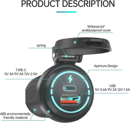 usb lader motorfiets – motor usb aansluiting – motorfiets oplader – usb charger motor – usb poort motorfiets – Waterdicht IP67 – Snelle QC3.0 & PD 30W Oplader met Blauwe Led