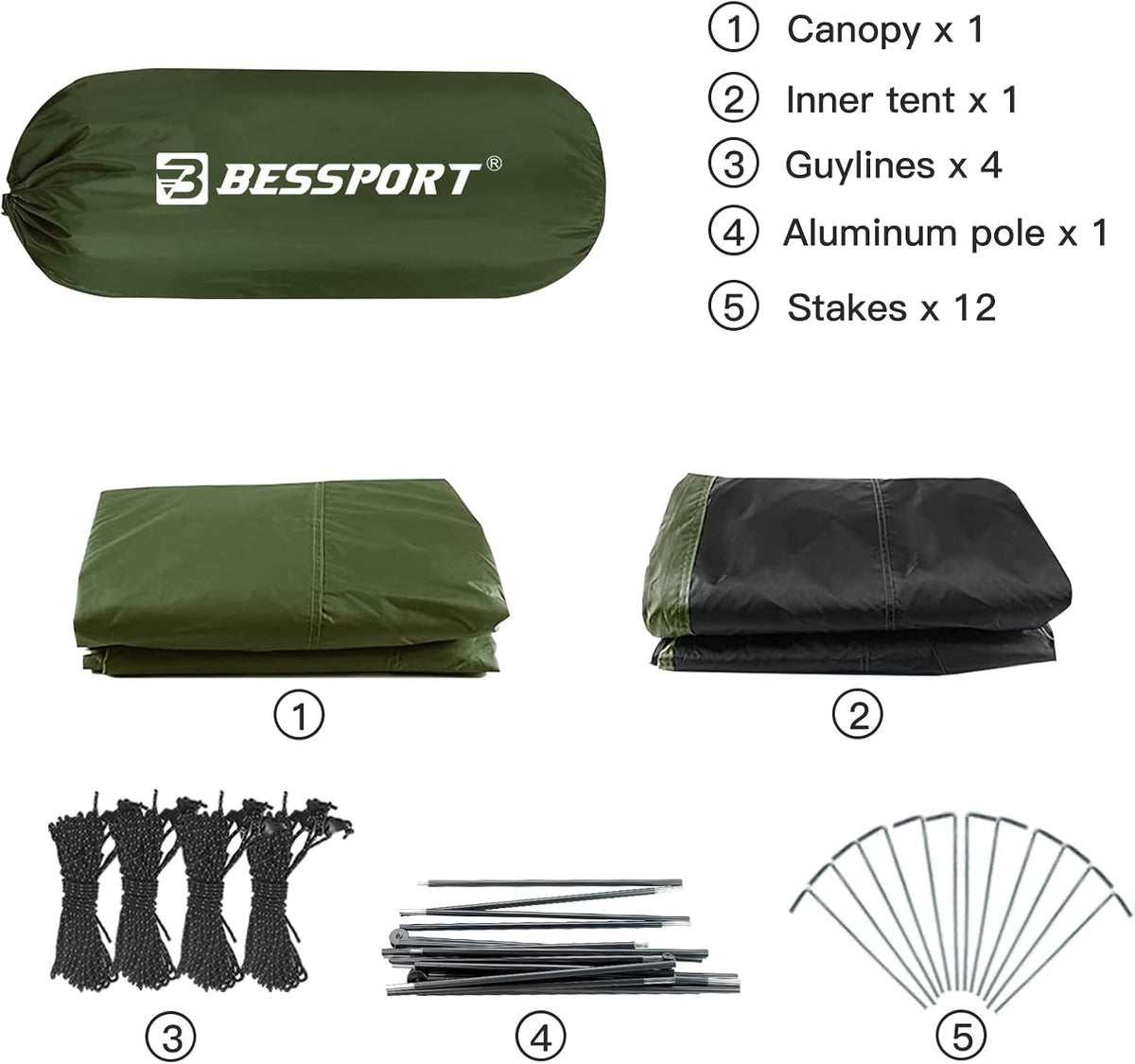 Bessport Campingtent voor 2-3 personen, 4 seizoenen, waterdicht, eenvoudig te monteren, ventilatie met dubbele deuren, rugzaktent, ideaal voor kamperen en outdoor-activiteiten
