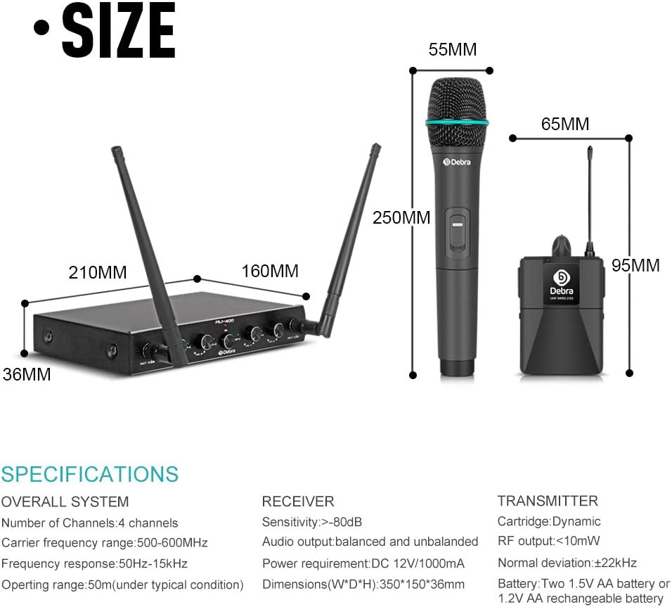 Debra Audio Pro UHF Draadloos 4-Kanaals Microfoonset met Handheld, Lavalier en Headset voor Karaoke en Kerk (A-frequentie)