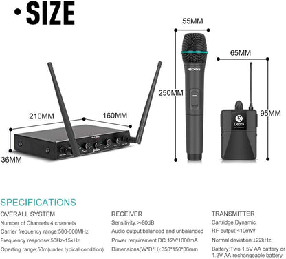 Debra Audio Pro UHF Draadloos 4-Kanaals Microfoonset met Handheld Mics, Metalen Ontvanger voor Karaoke en Kerk (B-frequentie)