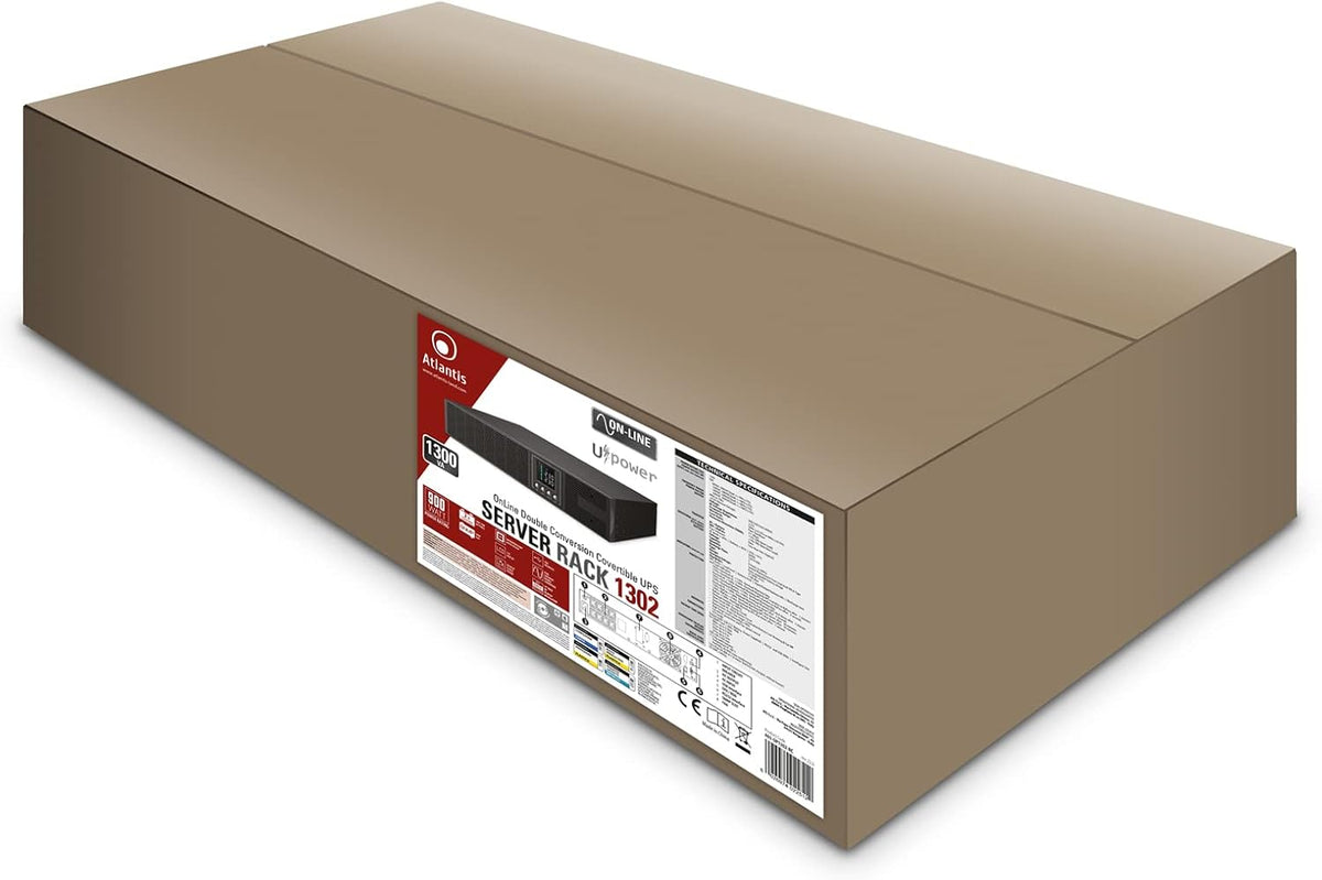 Atlantis A03-OP1302-RC UPS OnLine Online Online Onbreekbare zuivere sinusgolf 1300 VA 900 W, RACK-server, LCD-display, USB, serieel RS-232, 8 IEC-uitgangen, SNMP-sleuf, 2 x 12 V-9 Ah