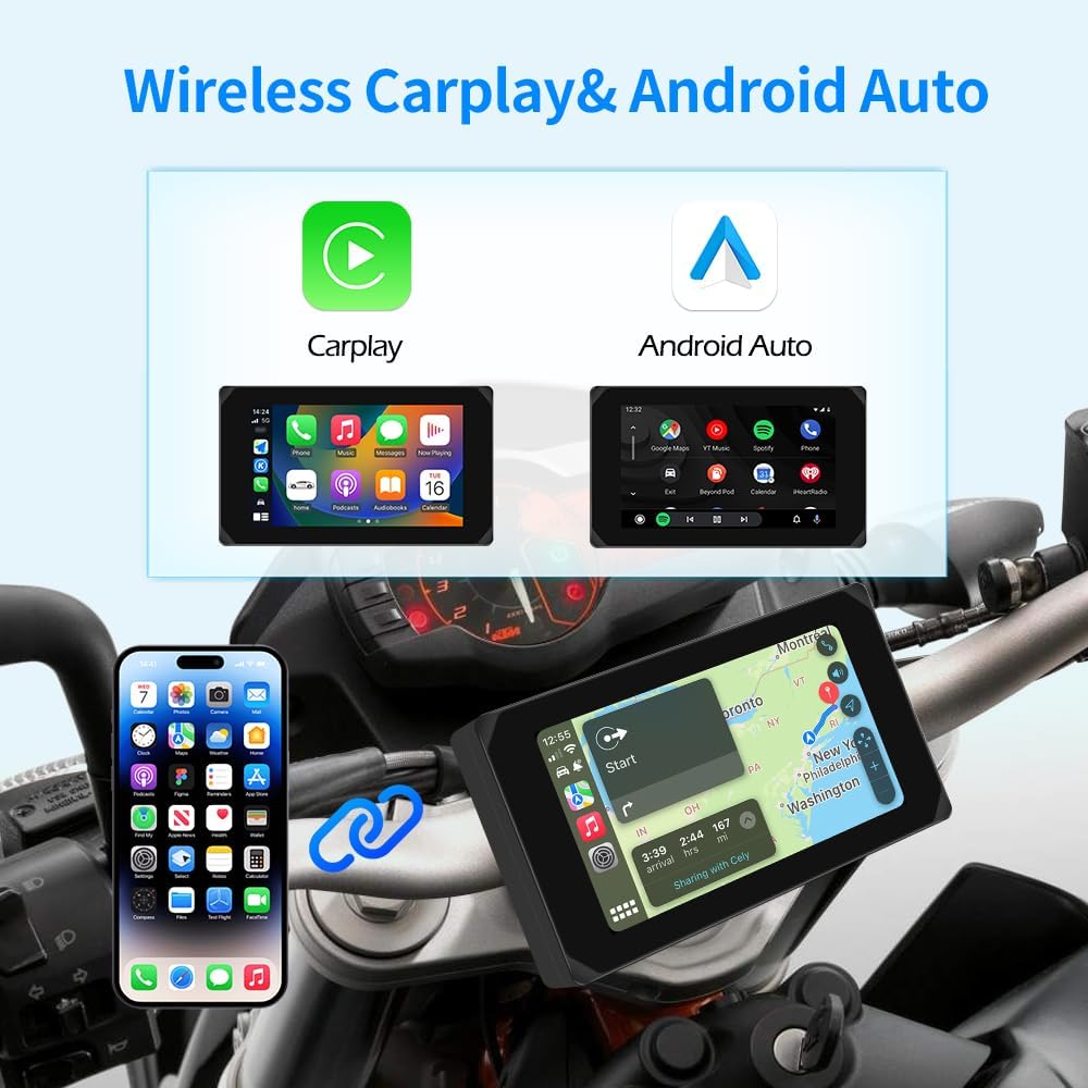 Motorfiets Carplay Scherm – Motorrijders Display – Navigatiesysteem – Touchscreen Monitor – Multimedia Interface – Draadloos CarPlay & Android Auto – 5 Inch HD IPS Scherm – Waterdicht IP65 Met Dubbele 1080P Camera’s