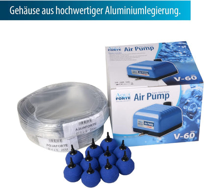AquaForte Hi-Flow V-60 luchtpompset, complete set met luchtverdelers, 50 m slang 4 x 6 mm en 10 luchtstenen 5 cm, capaciteit bij 2 meter 40 liter per minuut, maximale vijver 36 m3