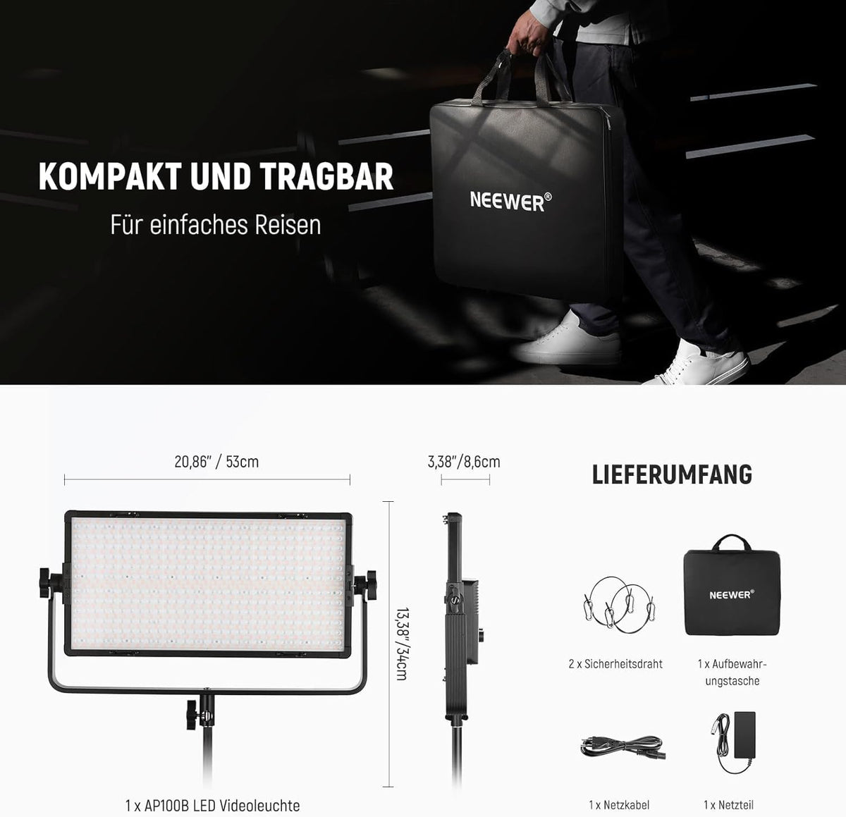 NEEWER AP100B AP100B LED-videolamp, tweekleurig, 100 W, 960 LEDs 38600Lux@0,5 m, 2500 K-8500 K, CRI96+/TLCI97+, dimbaar, 0-100% besturing app/2,4 G/paneel/DMX voor fotografie, studio, podiumopname