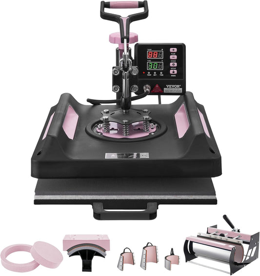 VEVOR Pro 15 x 15 warmtepers met 850 ml tuimelaarbevestiging, 8in1 combobeker hoed warmtepers voor T-shirts, tuimelaars, glazen blikjes, mokken, hoeden en borden (zwart en roze)
