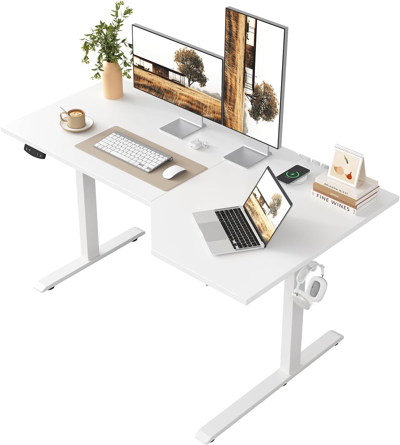 Klicelor L-Shaped Adjustable Height Desk, 140 x (60-80cm), Electric Standing Desk, Sit-Stand Desks for Home Office, Ergonomic Computer Table with Split Plate, White - QUORE