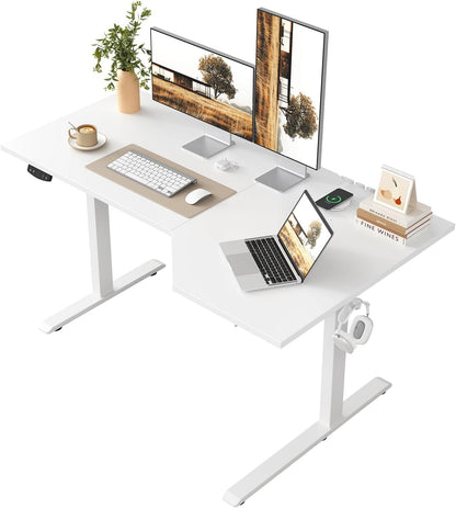 Klicelor L-Shaped Adjustable Height Desk, 140 x (60-80cm), Electric Standing Desk, Sit-Stand Desks for Home Office, Ergonomic Computer Table with Split Plate, White - QUORE