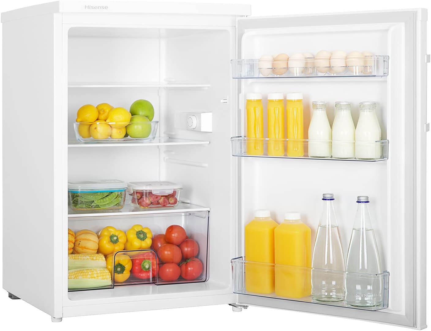 Hisense RL170D4BWE Refrigerator, 1 Door, Free Installation, Class E, 133 L, Height 84.5 cm x Width 56 cm, White, Fruit and Vegetable Drawer, Reversible Door, LED Lighting, Integrated Handle - QUORE