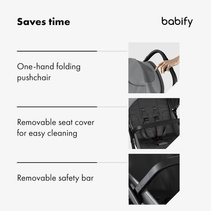 Babify Urban Ease Kinderwagen - Geboorte tot 4 jaar (22 kg), Met één hand in te klappen, Verstelbare rugleuning en voetensteun, Uitneembare bekleding, Mand, Raamzitting, Compact, Grijs
