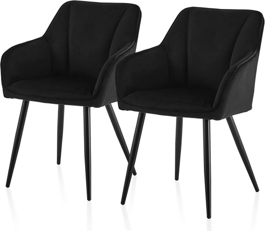 TUKAILAI Eetkamerstoelen, set van 2, van fluweel, keukenstoel, gestoffeerde stoel, armleuning, rugleuning, zachte zitkussens, metalen poten, moderne stoel voor keuken, eetkamer, woonkamer, zwart